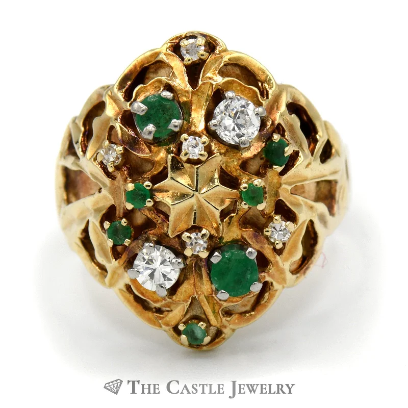 ladies rings for evening glamour -Emerald and Diamond Cluster Dome Ring with Star Design in 14k Yellow Gold