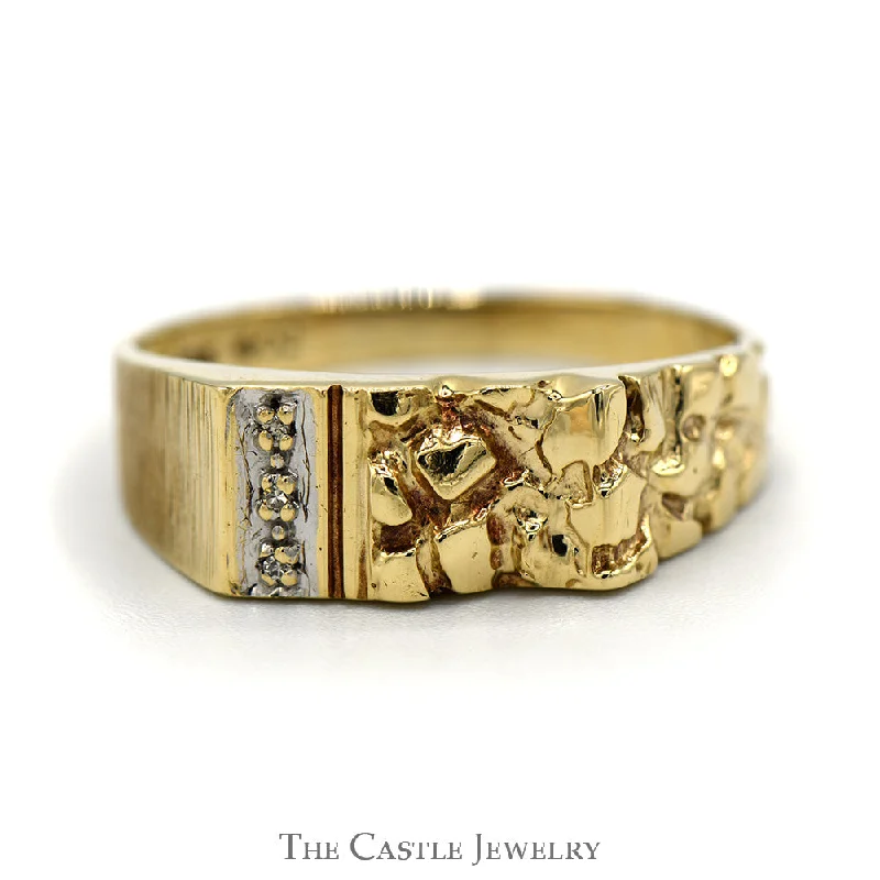 ladies rings for vintage lovers -Nugget Style Ring with Diamond Accents in 10k Yellow Gold