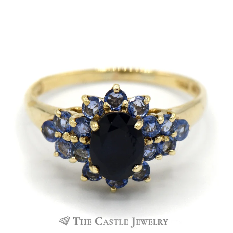 ladies rings with purple amethyst -Oval Sapphire Ring with Tanzanite Cluster Sides in 10k Yellow Gold