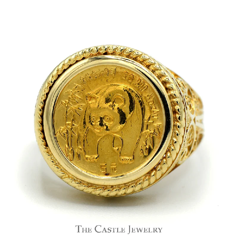 ladies rings delicate heart shape -1986 Panda Gold Coin Ring in 14k Yellow Gold Open Filigree Mount