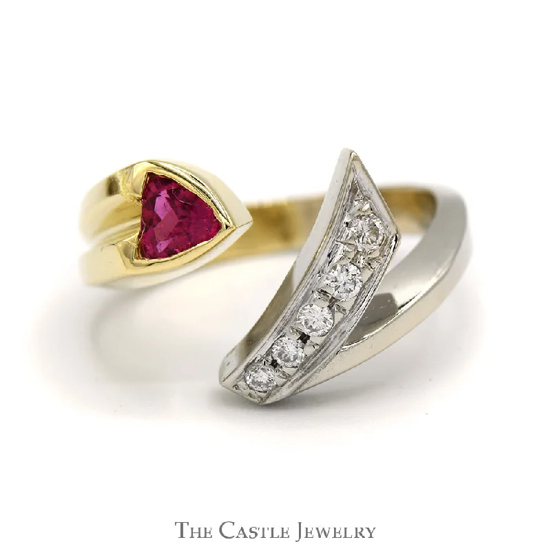 ladies rings for evening glamour -Trillion Cut Pink Tourmaline Ring with Diamond Accents in 14k Two Tone White & Yellow Gold