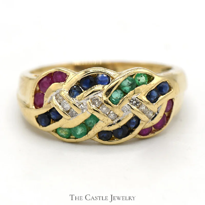 ladies rings classic timeless beauty -Woven Multi Gemstone Ring with Diamond Accents in 14k Yellow Gold