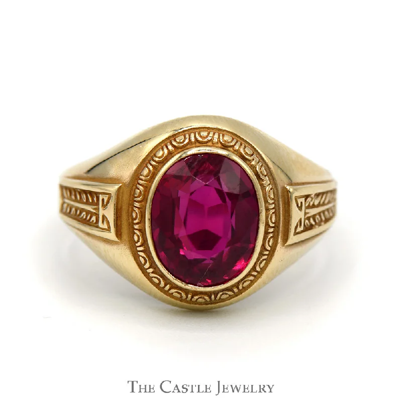 ladies rings hypoallergenic material -Oval Synthetic Ruby Men's Ring with Ornate Bezel and Sides in 10k Yellow Gold