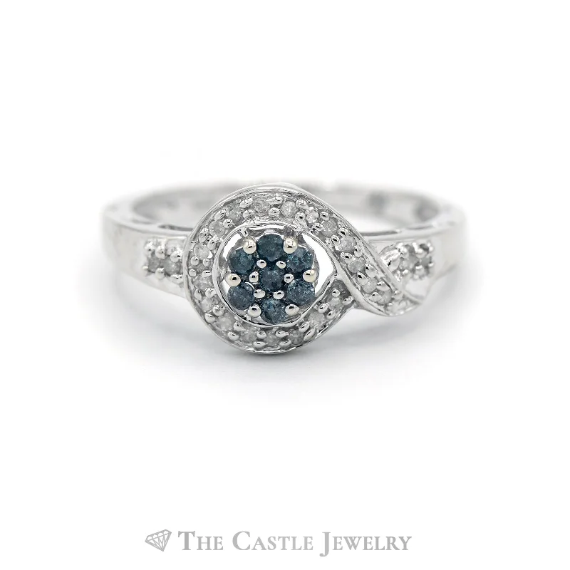 ladies rings layered stackable look -.25CTTW Blue and White Diamond Swirl Cluster Ring in 10KT White Gold