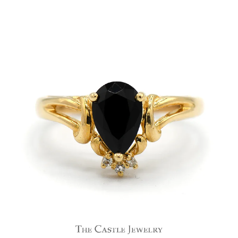 ladies rings for vintage lovers -Pear Cut Black Onyx Ring with Diamond Accents in 14k Yellow Gold