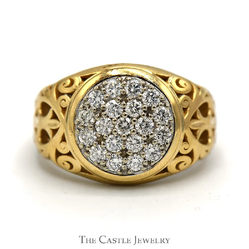 ladies rings infinity symbol design -1cttw 19 Diamond Kentucky Cluster Ring with Filigree Sides in 10k Yellow Gold