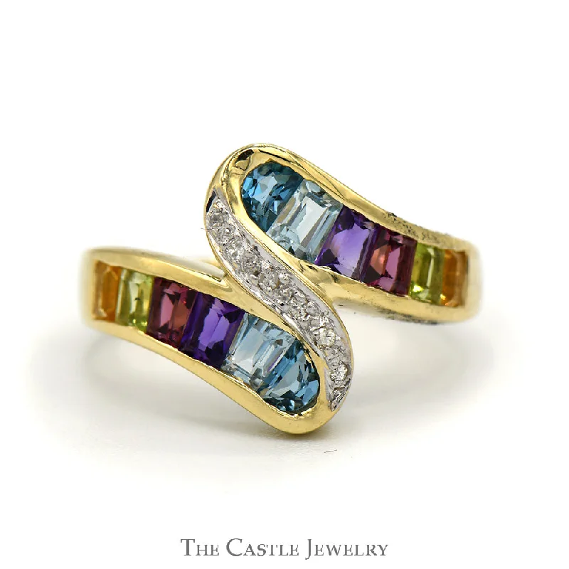 ladies rings small size fit -Baguette Cut Multi Gem Channel Set Bypass Ring with Diamond Accents in 14k Yellow Gold