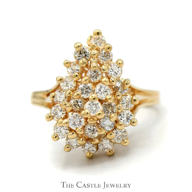 ladies rings small size fit -.96cttw Pear Shaped Round Diamond Cluster Ring in 14k Yellow Gold Split Shank Setting