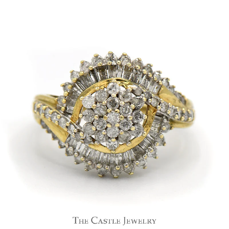 ladies rings for anniversary celebration -3/4cttw Flower Cluster Ring with Baguette and Round Diamond Accents in 10k Yellow Gold