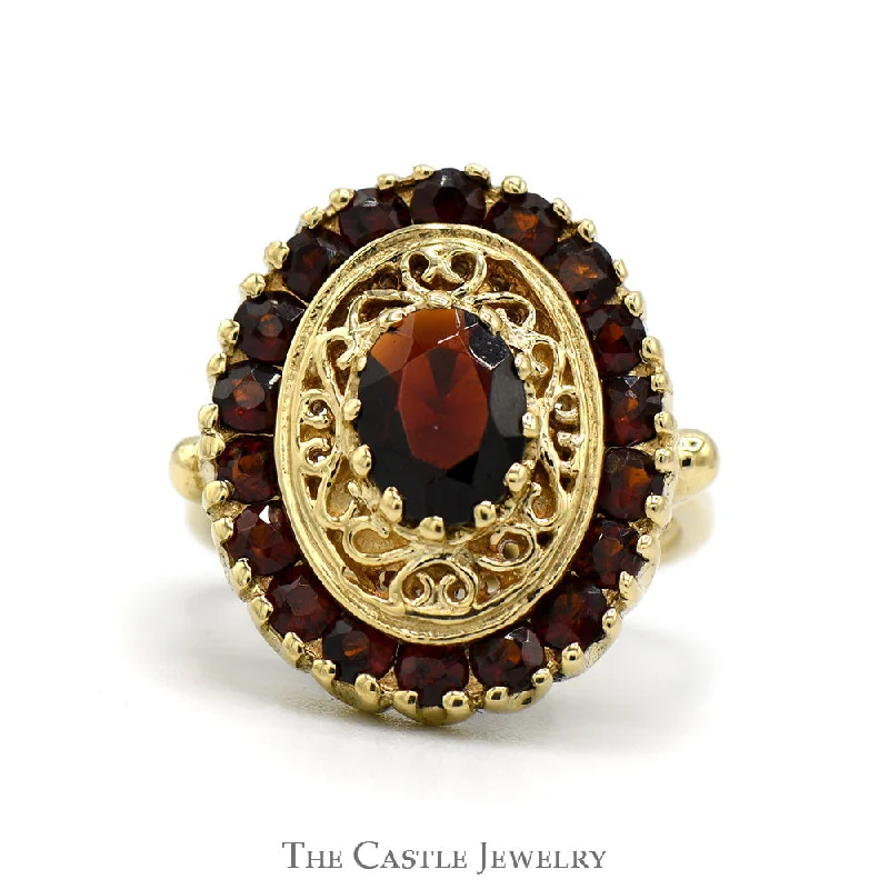 ladies rings with birthstone charm -Oval Cut Garnet Shield Ring with Garnet Halo and Open Filigree Design in 10k Yellow Gold