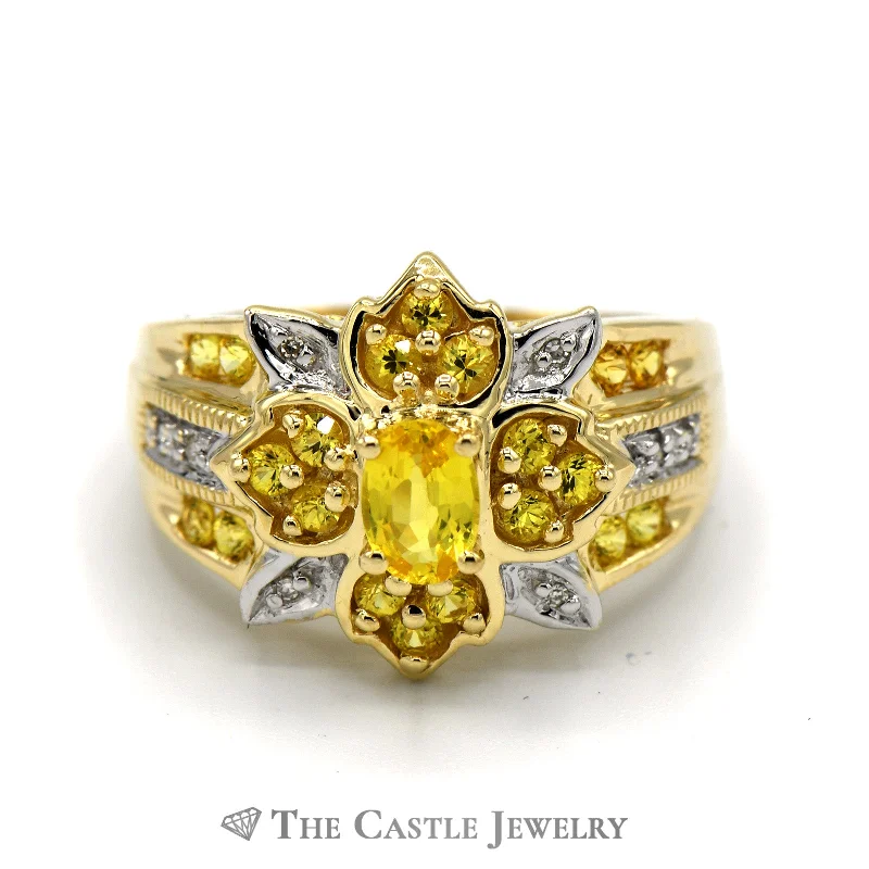 ladies rings for special occasions -Oval Citrine Ring with Round Diamond and Citrine Accents in 14k Yellow Gold Flower Design