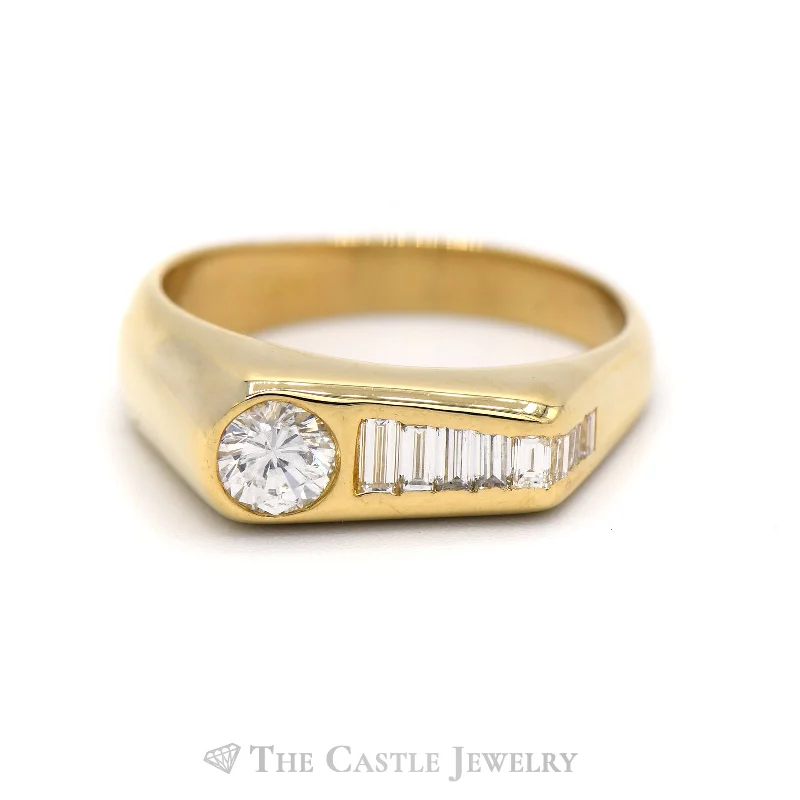 ladies rings small size fit -1cttw Men's Round and Tapered Baguette Diamond Ring in 18k Yellow Gold