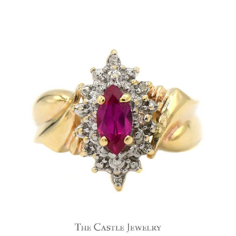 ladies rings with peridot green -Marquise Shaped Ruby Ring with Illusion Set Diamond Halo in 10k Yellow Gold