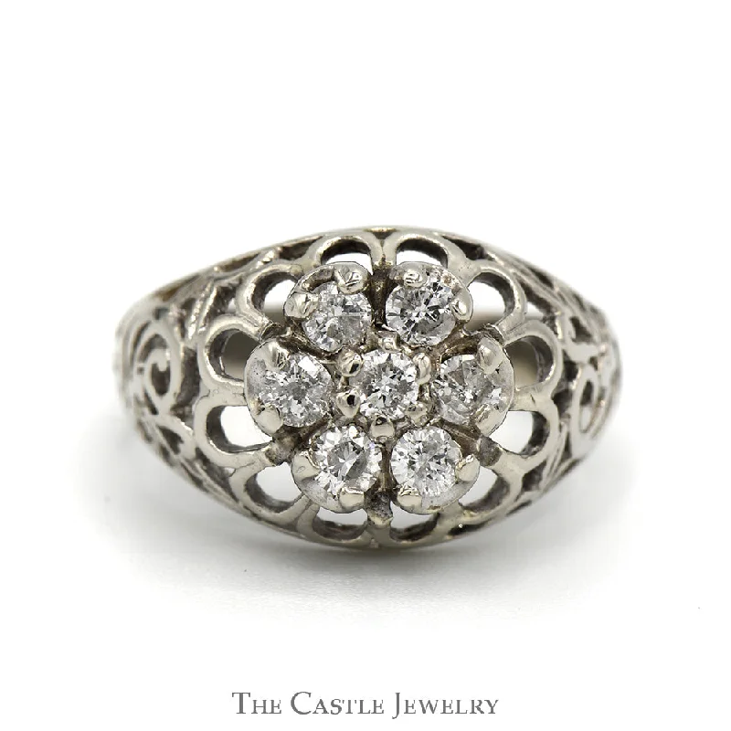 ladies rings with crystal accents -1/2cttw Kentucky Diamond Cluster Ring with Open Filigree Sides in 10k White Gold