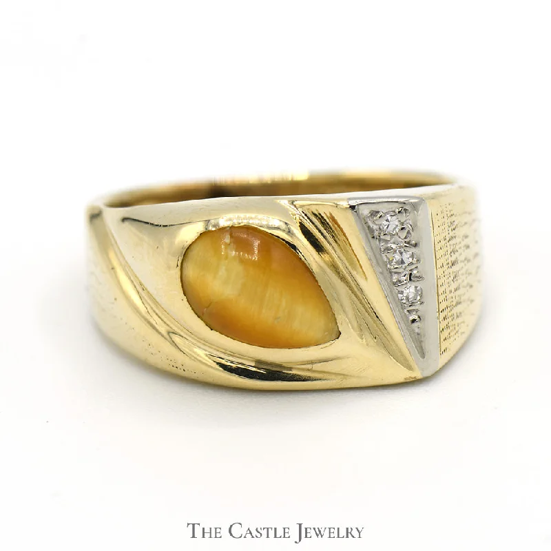 ladies rings trendy minimalist vibe -Pear Shaped Cabochon Yellow Cats Eye Ring with Diamond Accents in 10k Yellow Gold