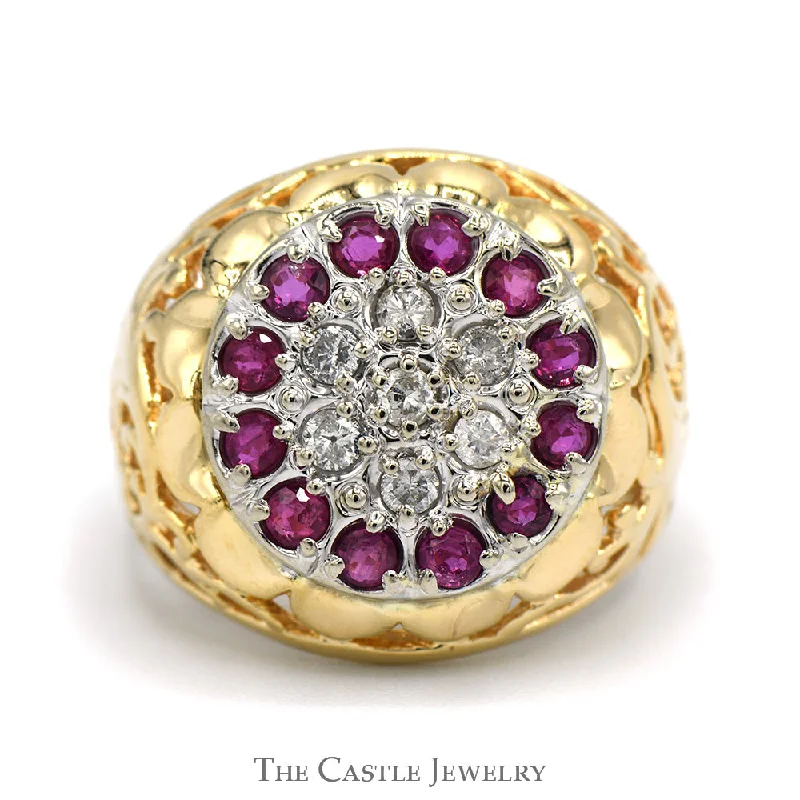 ladies rings for evening glamour -Diamond & Ruby Kentucky Cluster Ring with Open Filigree Sides in 14k Yellow Gold