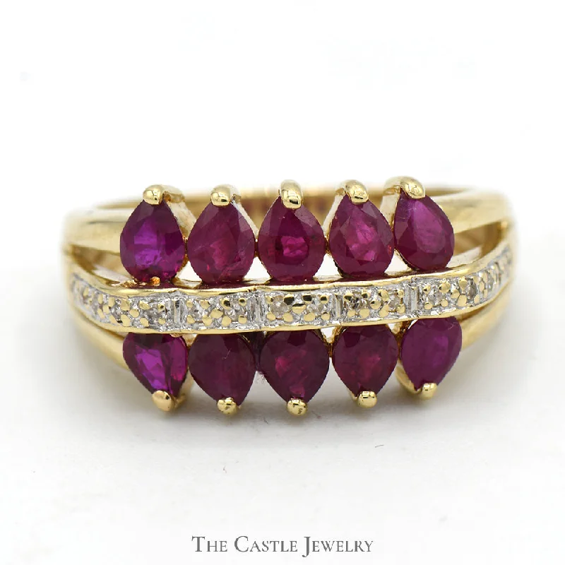 ladies rings geometric unique shape -Ruby Cluster Ring with Diamond Accents in 10k Yellow Gold