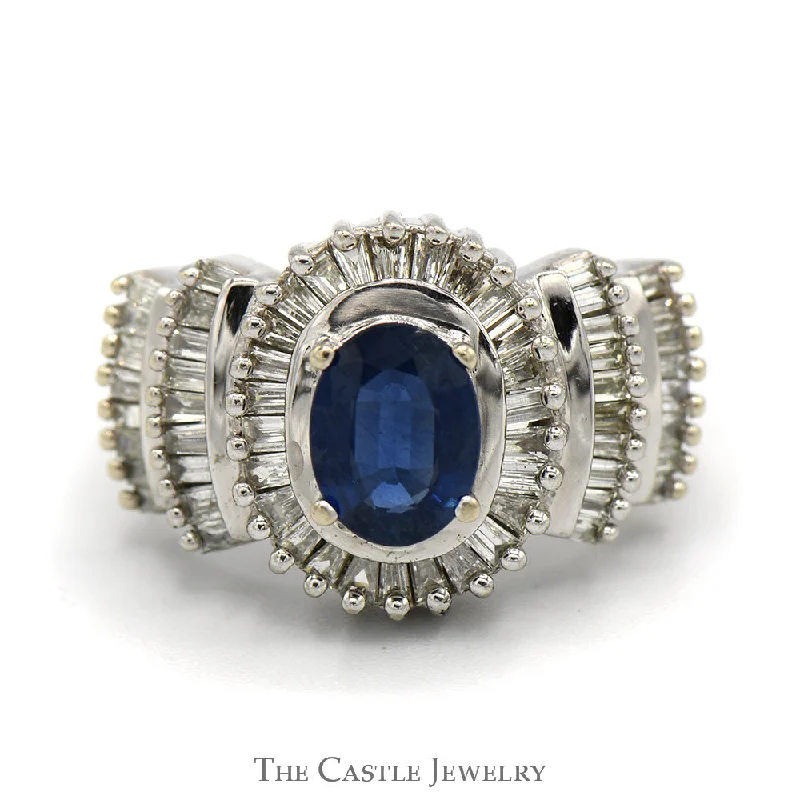 ladies rings dainty subtle look -Oval Sapphire Ring with Baguette Diamond Halo and Accents in 14k White Gold