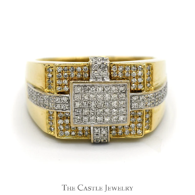 ladies rings anniversary special gift -Men's 1/4cttw Square Shaped Pave Set Diamond Cluster Ring in 10k Two Tone Gold