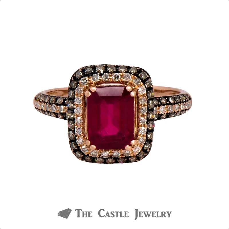 ladies rings floral pattern charm -Effy Emerald Cut Ruby Ring with White and Chocolate Diamonds in 14k Rose Gold