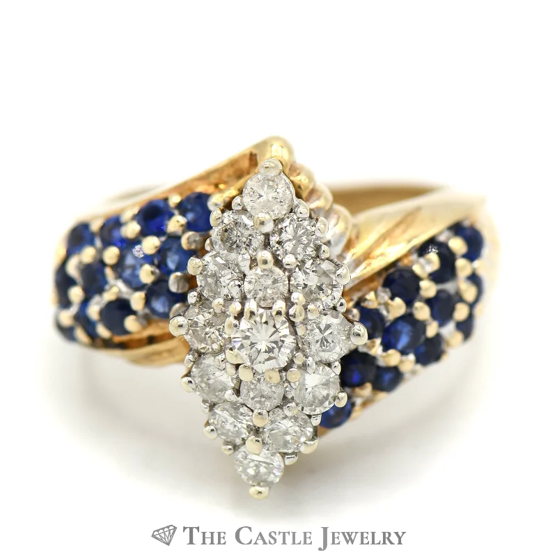 ladies rings boho chic vibe -Marquise Shaped Diamond Cluster and Synthetic Sapphire Cluster Ring in 10k Yellow Gold