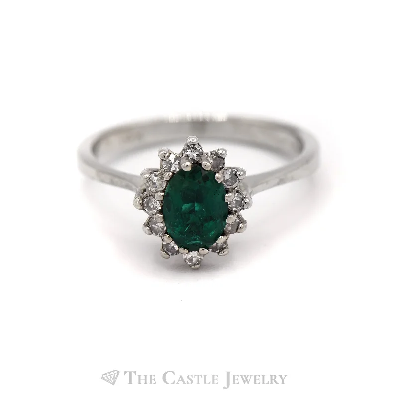 ladies rings dainty subtle look -Oval Emerald with Diamond Halo Ring in 14KT White Gold