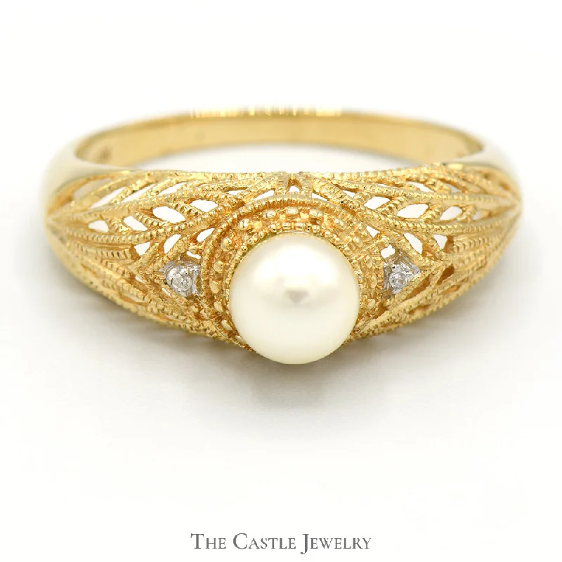 ladies rings with birthstone charm -6mm Pearl Solitaire Ring with Diamond Accents in 10k Yellow Gold Domed Filigree Setting