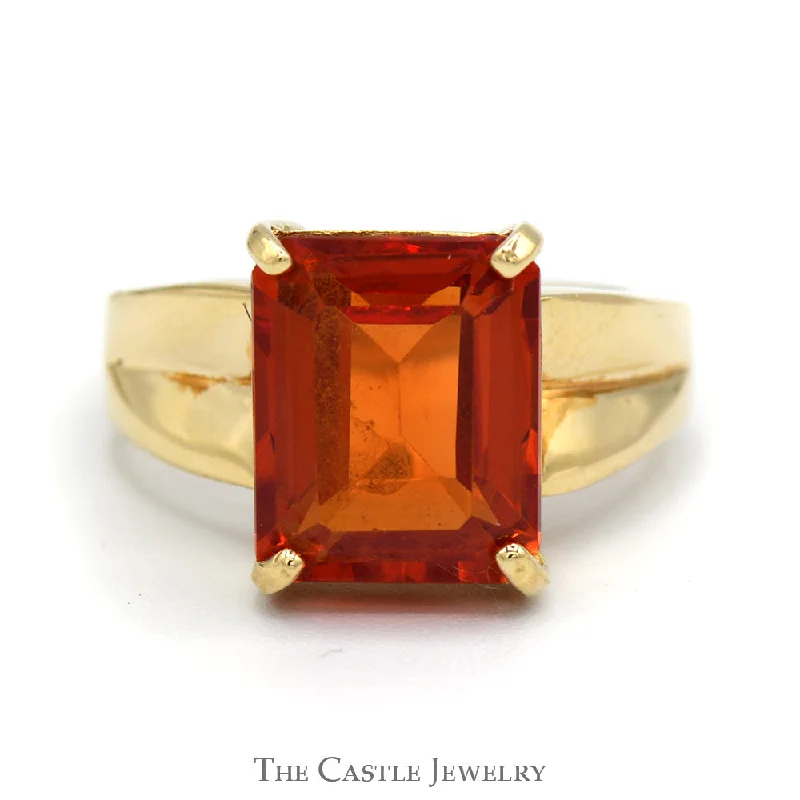 ladies rings with zircon sparkle -Rectangle Cut Fire Opal Ring in 10k Yellow Gold Concaved Setting