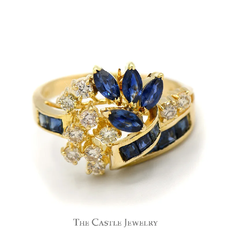 ladies rings personalized name engraving -Sapphire and Diamond Flower Cluster Ring in 14k Yellow Gold