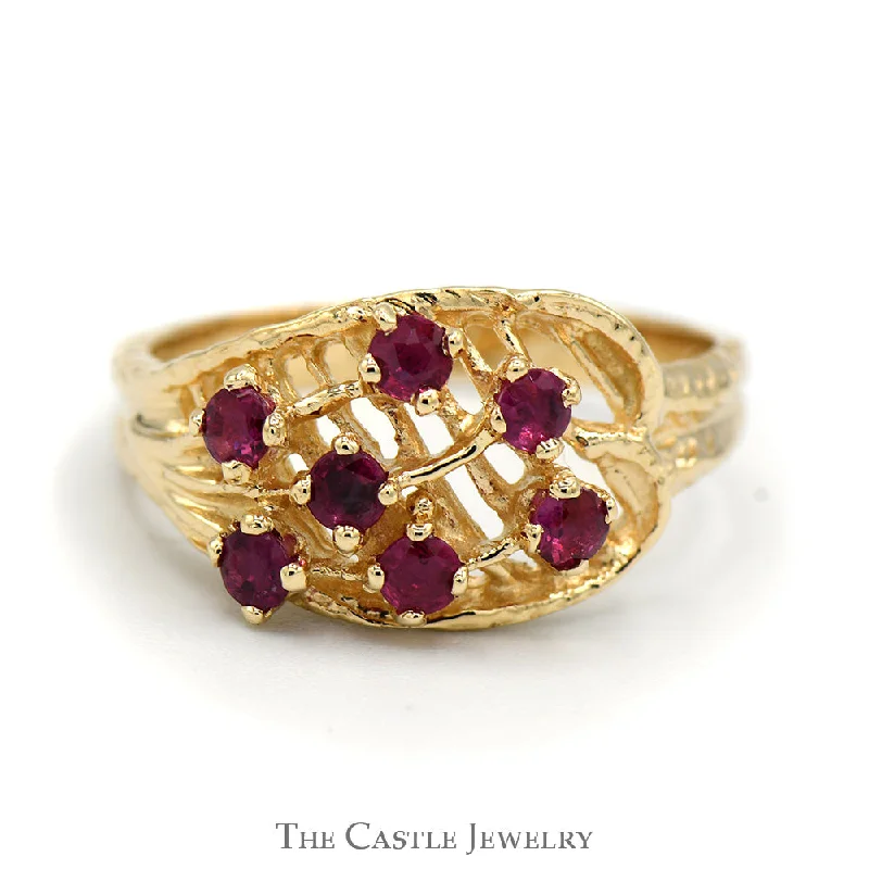 ladies rings with engraving detail -Round Ruby Cluster Ring with Open Floral Design in 14k Yellow Gold