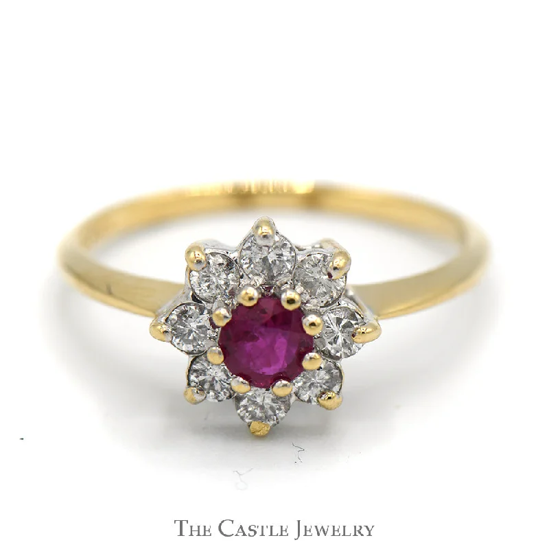 ladies rings elegant gold tone -Round Ruby Ring with Diamond Halo in 10k Yellow Gold