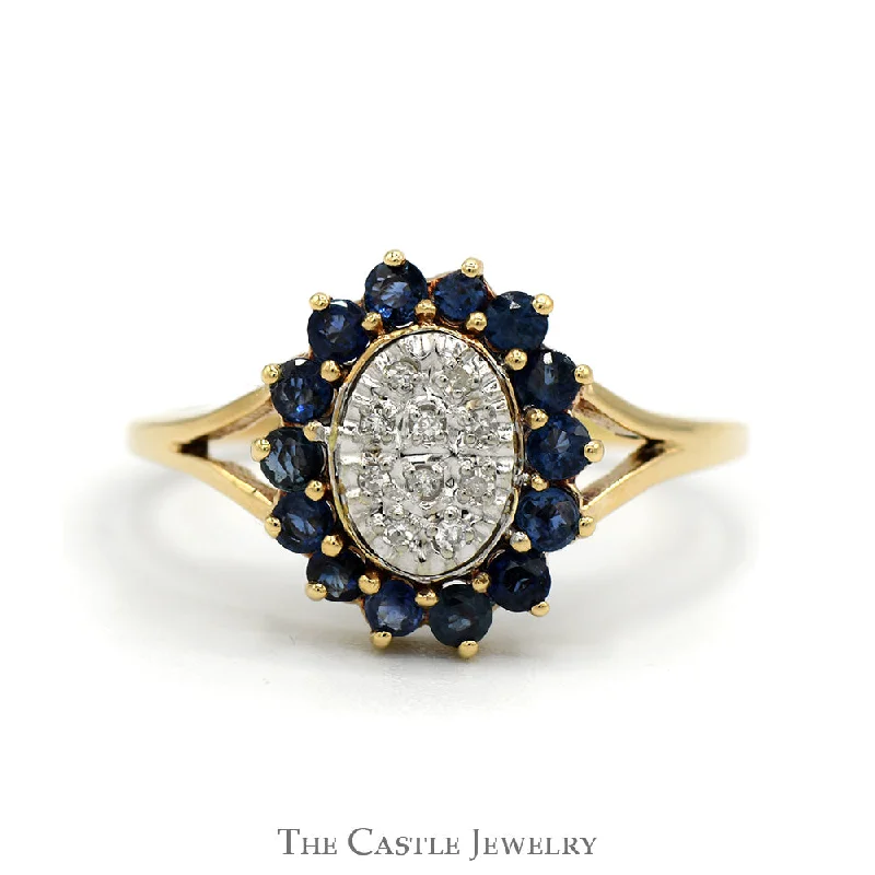 ladies rings with blue sapphire -Sapphire and Diamond Cluster Ring With Round Sapphires and .05 CTTW Round Brilliant Cut Diamonds in Split-Shank 10 KT Yellow Gold