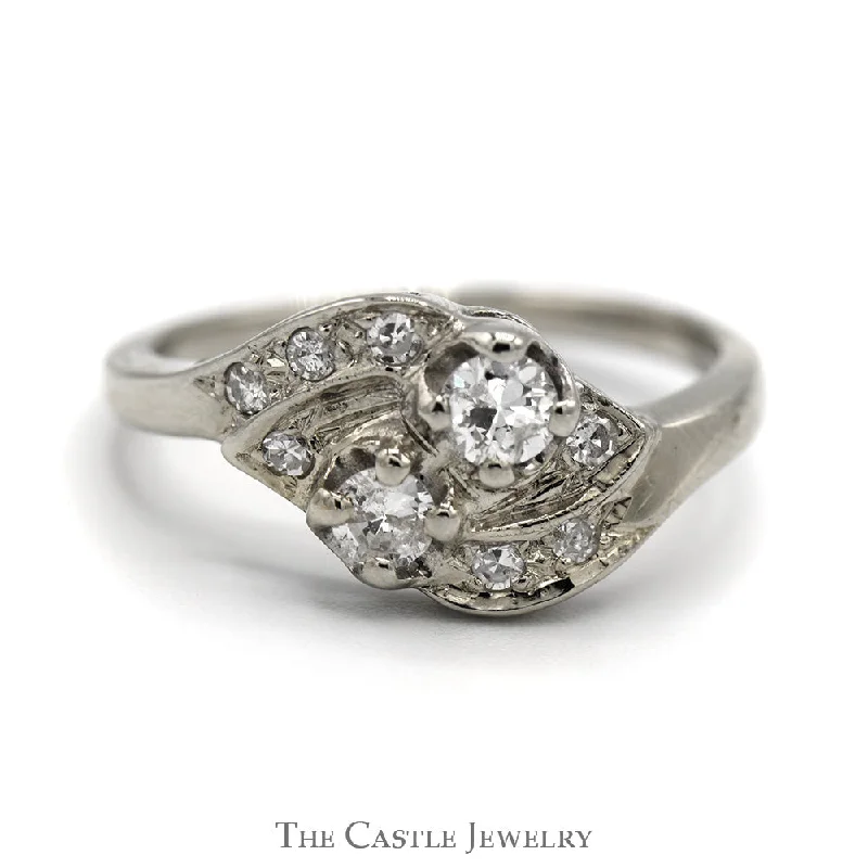 ladies rings with engraving detail -Bypass Designed Antique Style Diamond Ring in 14k White Gold