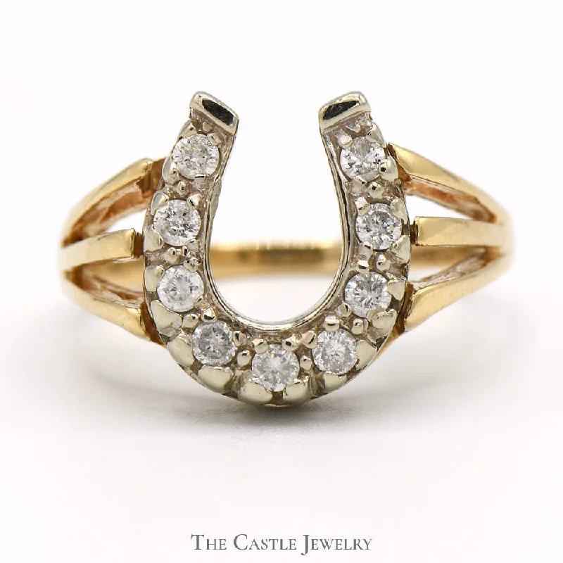 ladies rings with zircon sparkle -1/4cttw Diamond Horseshoe Ring in 10k Yellow Gold Split Shank Setting