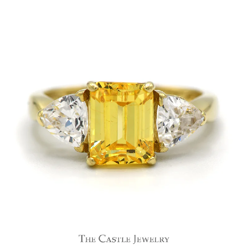 ladies rings with arrow design -Emerald Cut Lemon Ice Ring with Trillion Cut Cubic Zirconia Accents in 14k Yellow Gold