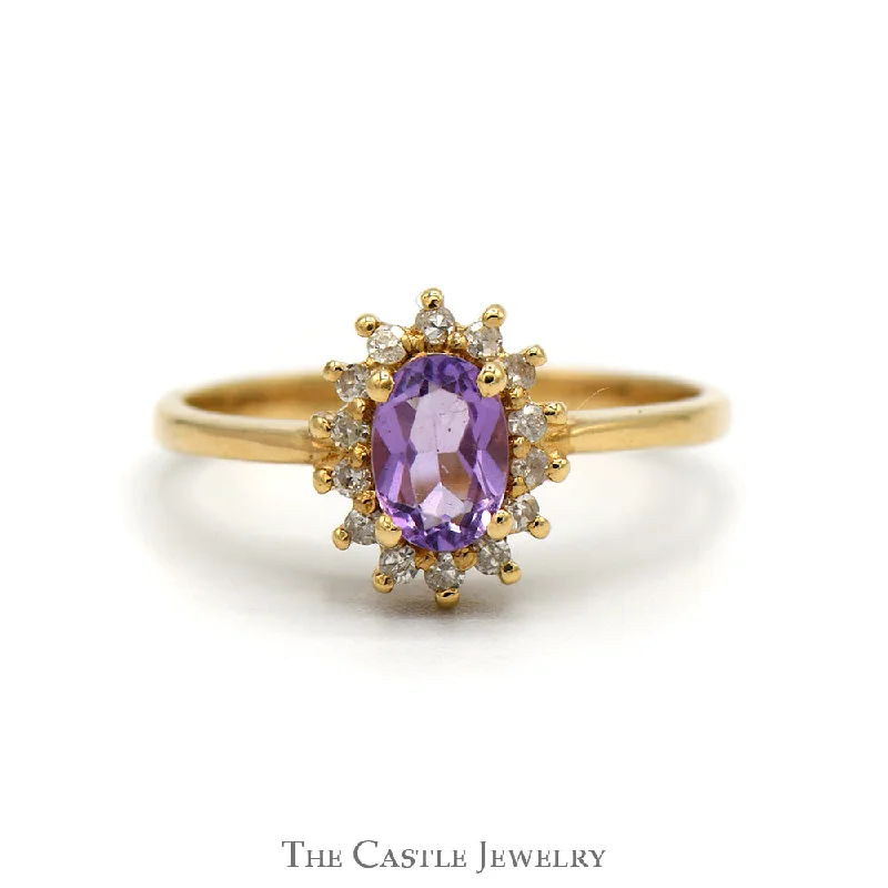 ladies rings classic timeless beauty -Oval Amethyst Ring with Diamond Halo in 14k Yellow Gold