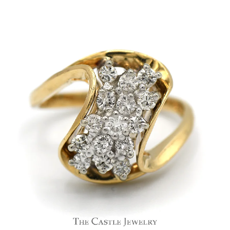 ladies rings stackable set design -1/2cttw Waterfall Diamond Cluster Ring in 14k Yellow Gold Swirled Bypass Mounting